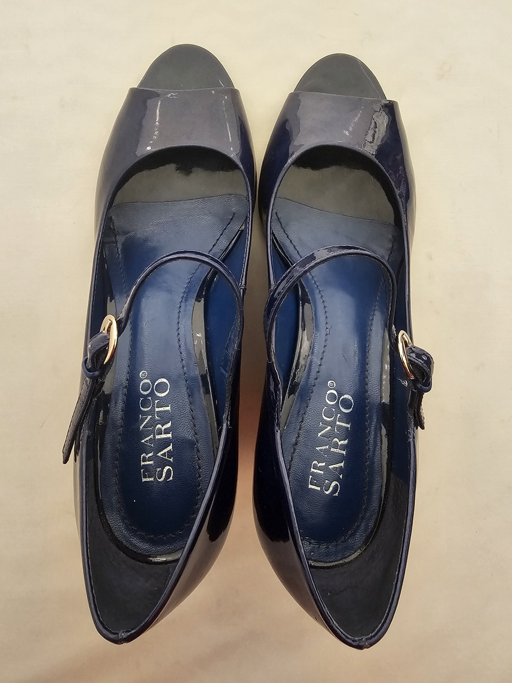 Franco Sarto Glossy Navy Peep-Toe Slingback Heels